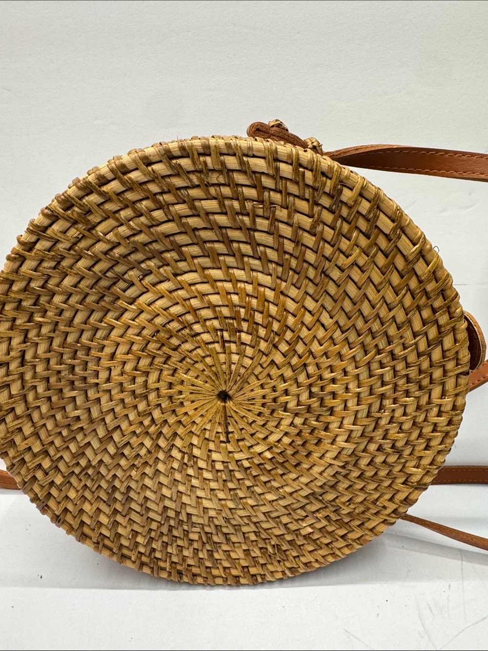 Woven Round Straw Crossbody Bag in Tan - Picture 5 of 9